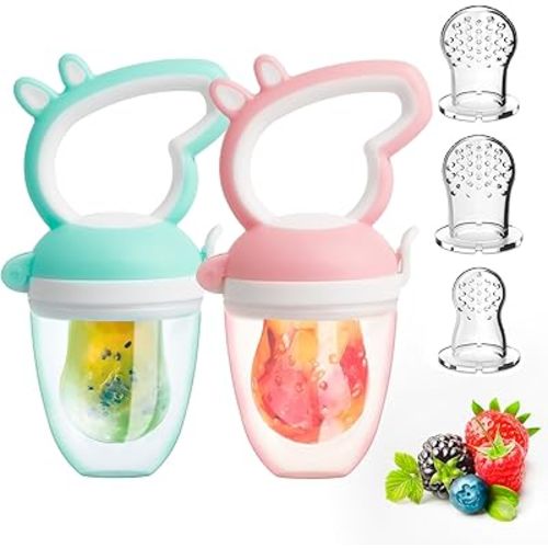 Baby Solids/Frozen Fruit Feeder Pacifier, Infant Teether Toy 4M+, BPA-Free Silicone Pouch & Nipple, Safely Introduce Solids, Teething Relief, 2-Pack (Piglet - Green Pink, S/M/L)