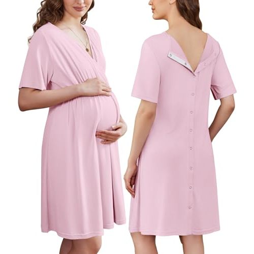 Ekouaer Labor and Delivery Gown for Hospital V Neck Maternity Nursing Dress | Birthing Gown, Open Back Button closure, Skin-friendly, Short Sleeve, Split Front Flap, Stretchy, Breastfeeding, C-section