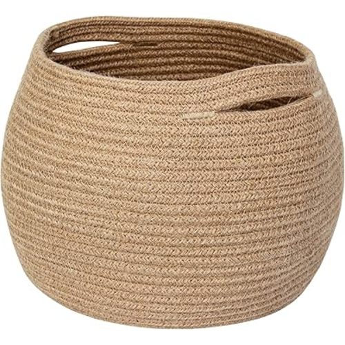 Decorative Wicker Storage Basket, 11" x 9" Indoor Plant Basket for Home Decor, Round Woven Dog Cat Toy Bin with Handle, Bathroom Towel Storage, Jute Planter Holder, Shelf Closet Organizer