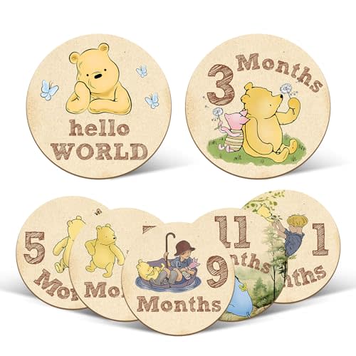 7 Pcs Winnie Baby Monthly Milestone Markers, Winnie Double Sided Winnie Baby Months Wooden Signs with Storage Bag, Winnie Baby Monthly Announcement Wooden Discs, Winnie Milestone Pictures of Newborn