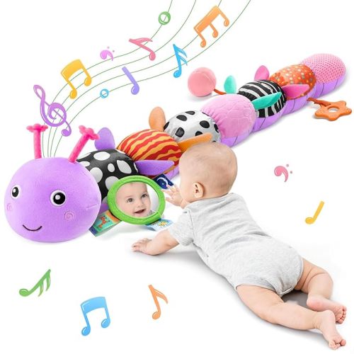 Baby Sensory Musical Caterpillar Plush Toy, Soft Stuffed Animal with Mirror Crinkle Paper Rattle Teether, Tummy Time Play Toy for 0-12 Months Newborn Infant, Baby Shower Gift for Boys Girls, Pink