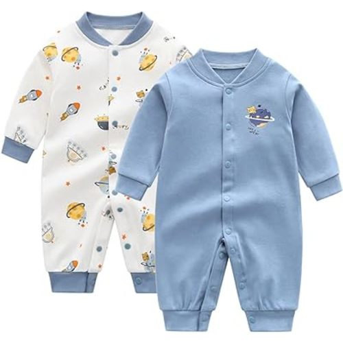 Newborn Baby Boys Girl Romper Infant Long Sleeve One-Piece Outfits Toddler Button Jumpsuits, 2 Pack - 3-6M - Blue Sets