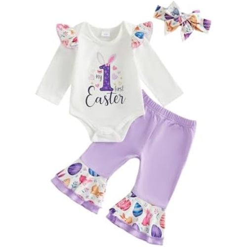 Amnnchya My First Easter Baby Girl Outfit Rabbit Print Fly Sleeve Romper Egg Layered Bell Bottoms Newborn Bunny Clothes