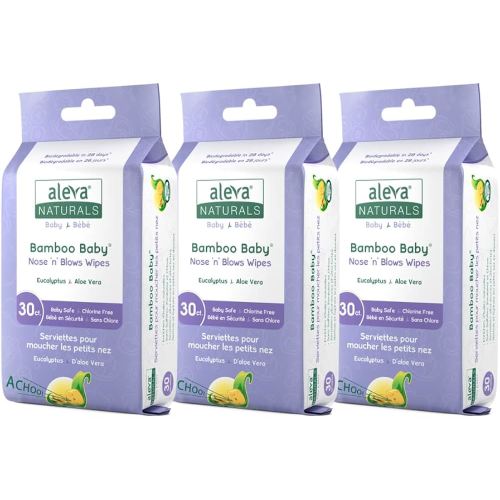 Aleva Naturals Bamboo Baby Nose 'n' Blows Wipes for Cleaning Stuffy Noses with Saline | 90 Wipes