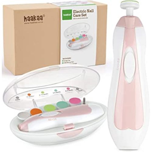 haakaa Baby Nail Trimmer Electric Safe Baby Nail Clippers Baby Nail File Kit Manicure Set, Trim Polish Grooming kit for Newborn Toddler or Adults Toes Fingernails, 6 Grinding Heads and LED Light, Pink