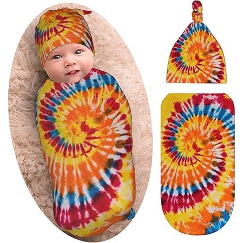 Tie Dye Colorful Rainbow Baby Swaddle Blanket & Beanie Set, Soft & Stretchy Baby Blanket Swaddle Sack for Boy & Girl