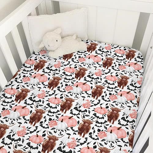 Highland Cows Pumpkin Leaves Baby Crib Sheet 52''x28'' Highland Yak Halloween Bats Stretchy Fitted Crib Mattress Cover for Boy Girl Fall Autumn Soft Baby Sheets for Standard Crib Toddler Mattress