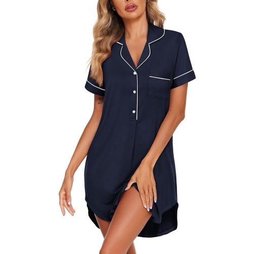 Ekouaer Women's Nightgown Button Down Nightshirt V Neck Sleepshirt Short Sleeve Sleepwear Soft Pajama Dress