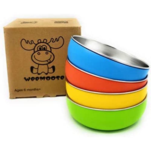 WeeMoose Premium 304 Stainless Steel Baby Bowls with Removable Silicone Shell | Set of 4 Bowls | Toddler Food Bowls Snack Container