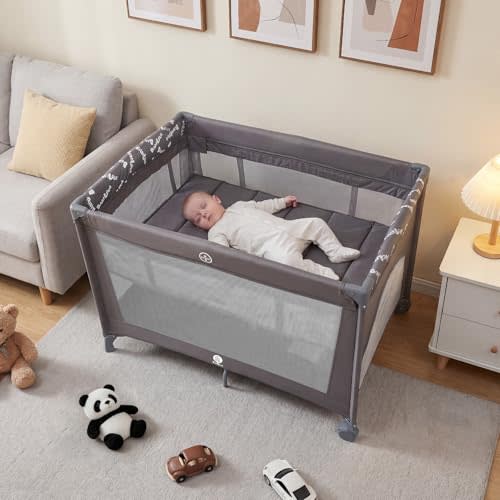 Babilous Pack and Play Baby Bassinet, Portable Baby Crib with Wheels, Grey | 3-in-1 Baby Bassinet, Portable& FoldableTravel crib, Easy Storage &Carry, Comfort Mattress, Compact Space, Mini small size