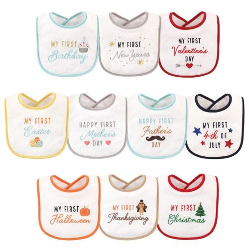 Hudson Baby Infant Cotton Terry Drooler Bibs with Fiber Filling 10pk, Holiday Birthday, One Size