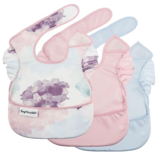 Tiny Twinkle Mess-Proof and Waterproof Baby Food Bib for Boys or Girls, Machine Washable and BPA-Free w/Adjustable Closure (3-Pack, Cotton Candy)