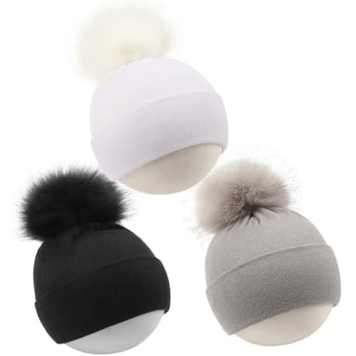 DANMY Baby Beanie Hat, Infant Toddler Warm Cotton Hat with Pom,Unisex Baby Soft Cotton Hats Caps