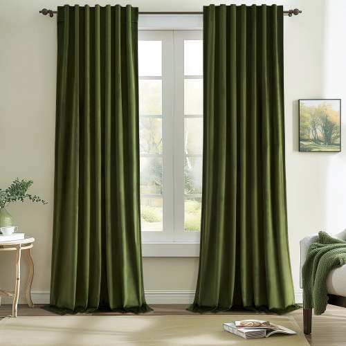 Topfinel Olive Green Velvet Blackout Curtains 84 Inches Long, 100% Blackout Back Tab Boho Thermal Insulated Curtains for Living Room Bedroom, Retro Drapes with Hooks,Set of 2