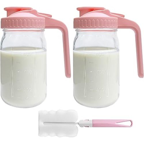 2 PACK Breast Milk Pitcher 32OZ Glass Breastmilk Pitcher with Lids Leak-proof Wide-mouth Mason Jar for Breastmilk, Resistant to Heat or Cold, Freezer-safe(Pink)