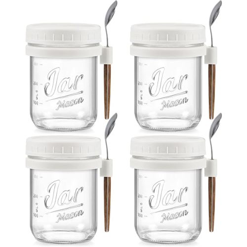 LANDNEOO 4 Pack Overnight Oats Containers with Lids and Spoons, 16 oz Glass Mason Jars with Airtight Lids, Overnight Oats Jars for Milk, Cereal, Fruit-White