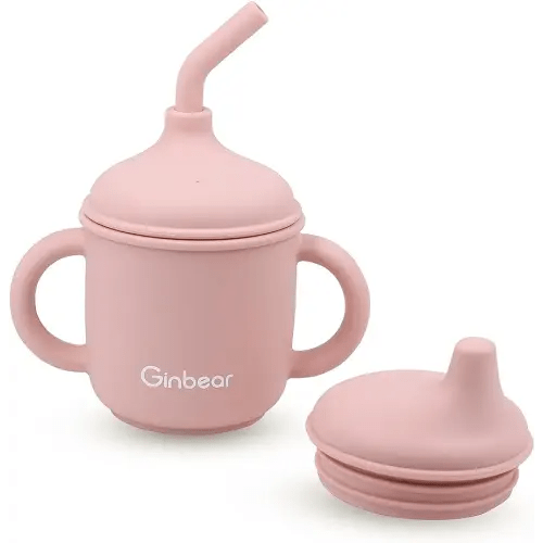 Ginbear 2-in-1 Sip-N-Straw Baby Cup, Spill Proof Non-toxic BPA Free Food Grade Silicone Training Transition Sippy Cup for Toddler 6 Months+ (Pink)