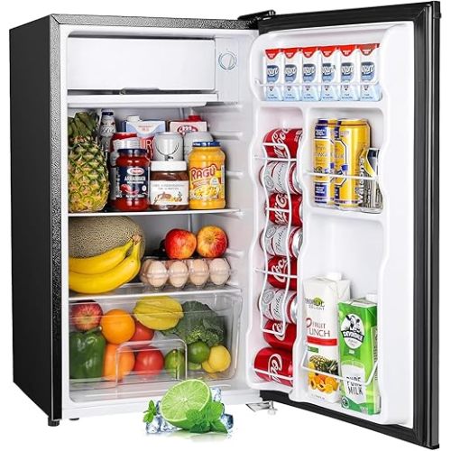 Upstreman 3.2 Cu.Ft Mini Fridge with Freezer, Single Door Mini Fridge, Dorm Fridge, Adjustable Thermostat, Mini Refrigerator for Bedroom, Office, Dorm, Black-BR321