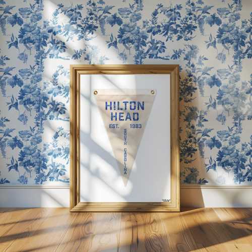 Hilton Head Island Art Print Pennant Flag Wall Decor Digital Download South Carolina Popular Trending Blue Embroidery Cottage Coastal Ocean