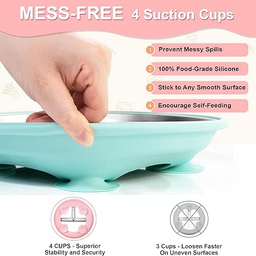 Stainless Steel Toddler Plates Silicone Suction,3 Packs Non-Slip Baby Plates,Divided Portion,Food-Grade Silicone Plate for Kids,Non-Toxic Dishwasher Safe,Blue Green Grey