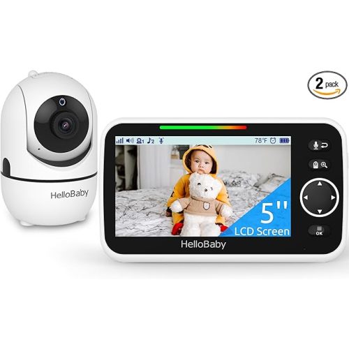 HelloBaby Baby Monitor, 5''Sreen with 30-Hour Battery, Pan-Tilt-Zoom Video Baby Monitor with Camera and Audio, No WiFi, 1000ft Range, ECO, 2-Way Talk, 8 Lullabies and Night Vision, Time & Alarm