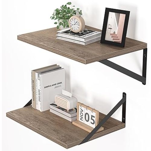 Deep Floating Shelves for Wall, 16W x 12D Rustic Grey Wood Wall Shelves Set of 2, Large Floating Shelf for Living Room, Kitchen, Office, Bedroom and Decor Storage, with Metal Bracket - Grey