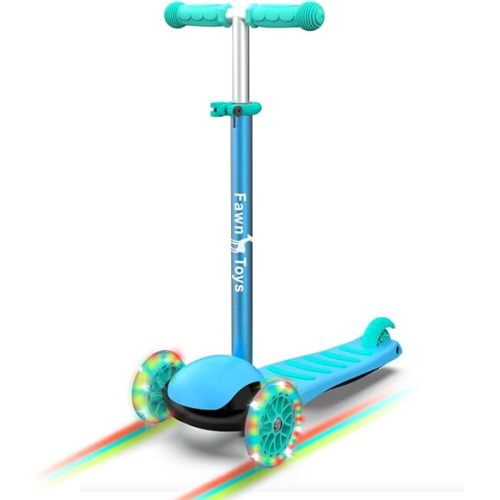Fawn Toys 3-Wheel Junior Kick Scooter LED Flashing Wheels/Lean to Turn/Indoor/Outdoor Three Adjustable Heights Quiet PU Wheels Extra Wide Deck Best Gift for Kids, Boys Girls 2-8 Yrs