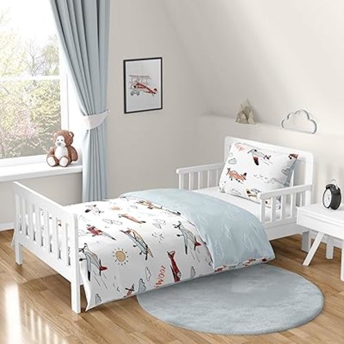 Sweet Jojo Designs Vintage Airplane Boy Toddler Kid Bedding Set - Childrens 5 pieces Comforter Sham Sheets - Grey Yellow Orange Red White Blue Airplanes Air Plane Transportation Clouds Sun Sky Aviator