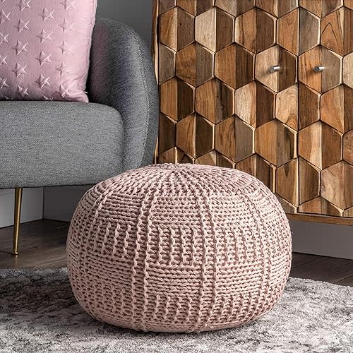 nuLOOM Berlin Casual Knitted Filled Ottoman Pouf, Blush, 14" x 20" x 20"