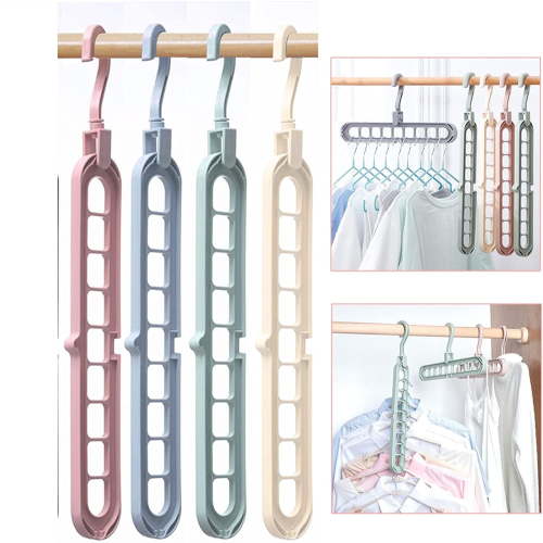 4 Pack Plastic Space Saving Hangers,Household Heavy Duty Clothes-Hanger,Essential Clothes Organizer with 9 Slots,Multipurpose Closet Hangers for Jeans,Pants,Shirts,Sweaters (Random Colors)