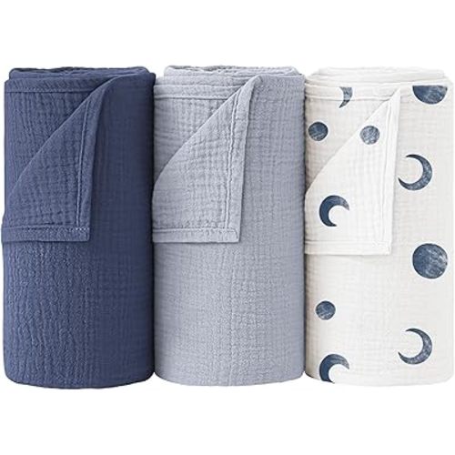 Bearmoss Muslin Swaddle Blankets, 40 x 38 inches Baby Swaddle for Boys and Girls, Soft Baby Blanket, 3 Pack Breathable Nursery Receiving Blankets (Bluemoon)