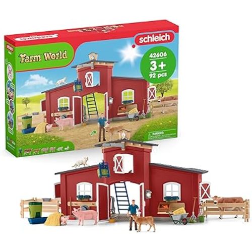 Schleich Farm World - 92PC Red Barn Farm Playset with Animals, Farmer, Accessories and Movable Pieces - Realistic Barnyard Animal Figurines - Fun Educational Toys for Kids, Toddlers Ages 3+ | 42606