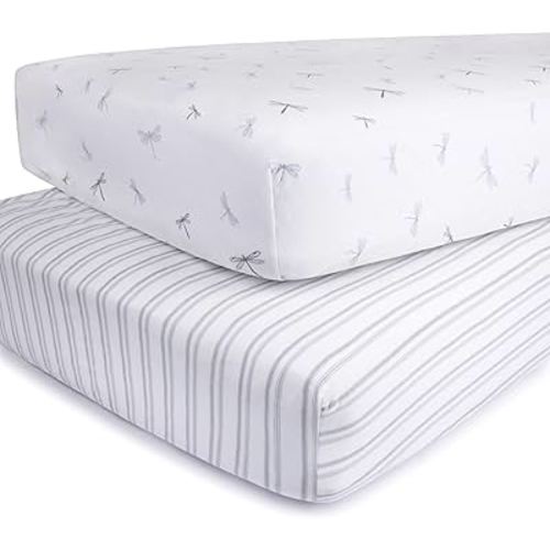 Crib Sheets Set 2 Pack - Baby Crib Sheets with 100% Jersey Cotton - for Baby Boy - Blue Dragonflies + Stripes