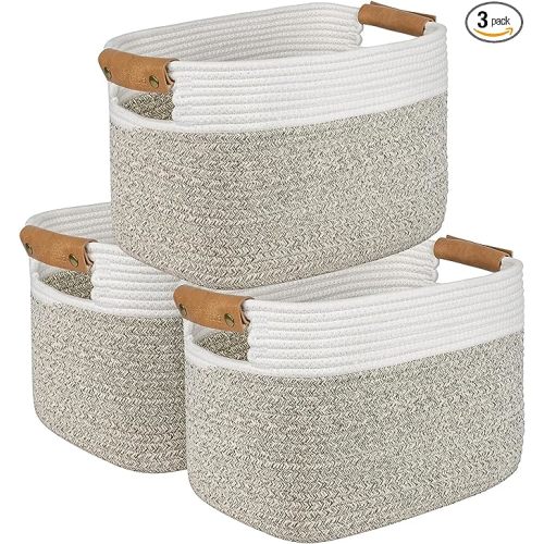 AivaToba Cotton Rope Basket, Storage Basket for Organizing, 15”x10”x9.5” Woven Basket with Handles, Organizing Baskets for Living Room, Shelves, Pack of 3 - 3 Pack Brown