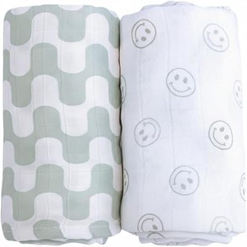 Muslin Swaddle Blankets - Large 47"x47",Organic Cotton & Viscose from Bamboo, Extra Soft Newborn Swaddles, Baby Shower for Boys & Girls (Green Waves & Smileys)
