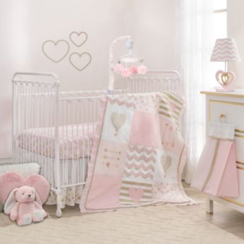 Baby Love Metallic Gold/Pink/White Hearts, Stripes and Chevrons 4-Piece Nursery Crib Bedding Set