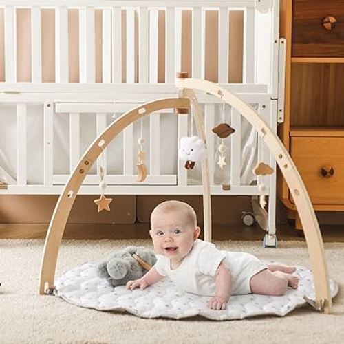 bopoobo Baby Gym Play Mat, Tummy Time Mat Wooden Play Gym with 5 Toys, Washable Baby Activity Play Mat for Visual, Hearing, Sensory, Motor Development, Baby Toys Gift for Toddler Infant