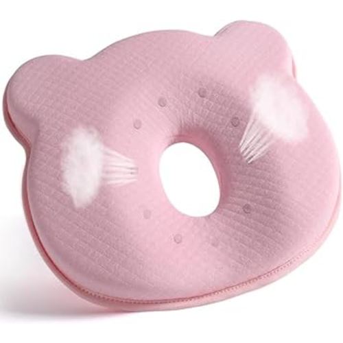 Baby Pillow for Sleeping for Newborn to Prevent Flat Head, Flat Head Baby Pillow Super Soft Warm Kids Pillows with Skin Friendly Cotton Pillowcases (Pink)