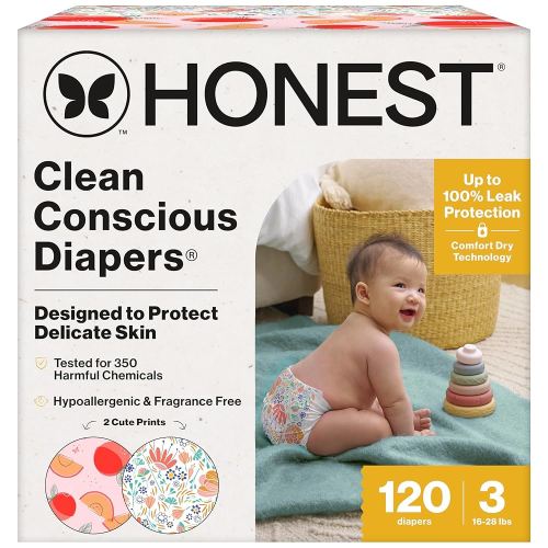 The Honest Company Clean Conscious Diapers for Sensitive Skin | Hypoallergenic, Fragrance Free | Girl Prints | Super Club Box, Size 3 (16-28 lbs), 120 Count (Prints May Temporarily Vary)