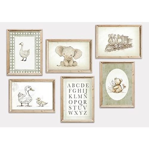 6Pcs Vintage Sage Green Nursery Wall Art Cute Teddy Bear Duck Elephant Painting Picture Wall Decor Adorable Animal Train Alphabet Nursery Poster Print Artwork for Kids Playroom Bedroom Home Decoration