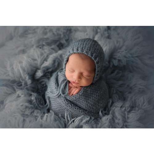 Dusty Blue Bonnet, Sleepy Cap & Knit Wrap Set