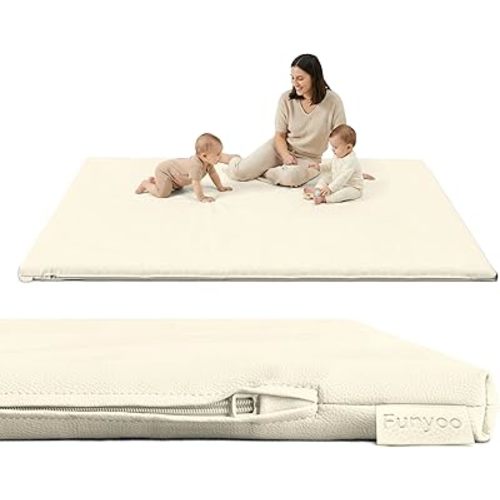 Vegan Leather Baby Play Mat, 79x59 Thick Cushioned Waterproof Playpen Mat, Stylish Removable Cover Floor Mat for Babies & Toddlers, Soft Padded Play Mat for Safe Crawling, 1.2" Thick, Cream
