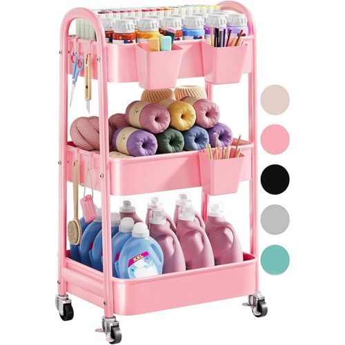 3 Tier Rolling Storage Cart Metal with Wheels, Pink Three Tiered Craft Cart Organizer on Wheels, Utility Carts for Baby Nursery, Diaper Caddy, Art, Book, Snack, Nail, Makeup, Bathroom Supplies, Mesh