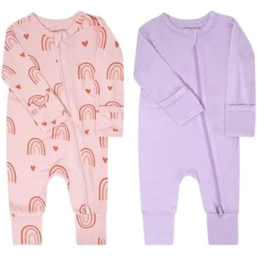 Teach Leanbh Baby Boys Girls 2 Pack Bamboo Viscose Pajamas with Mitten Cuffs 2 Way Zipper Long Sleeve Romper Sleep and Play