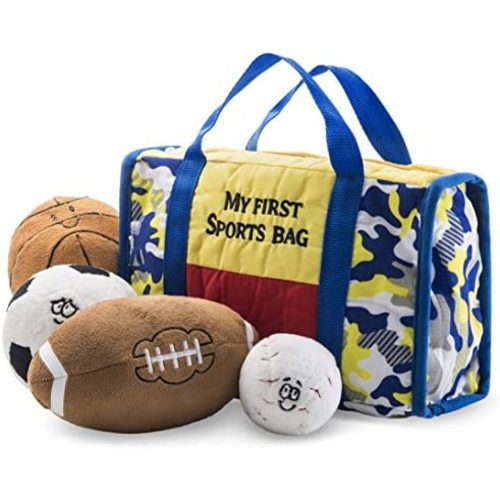 PREXTEX My First Sports Bag Playset with Stuffed Plush Basketball, Baseball, Soccer Ball and Football Great Gift Toy for Baby and Kid
