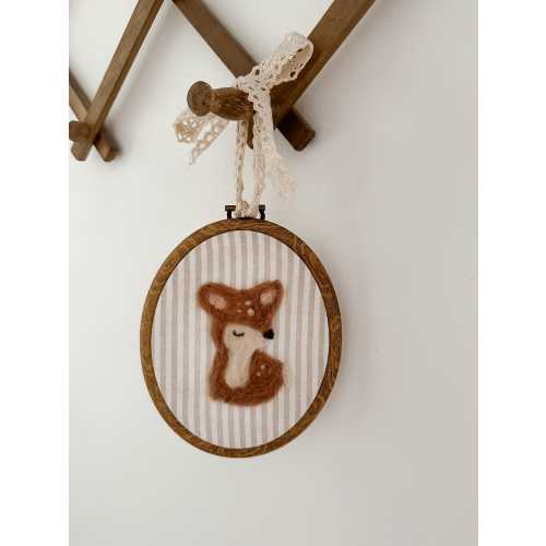 Handmade Needle Felted Deer Wall Art – Woodland Nursery Decor in Oval Hoop