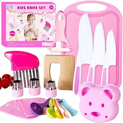 29 Pieces Kitchen Tools-Kids Cooking Sets Real-Toddler Knife Set for Real Cooking, Montessori Toys for 3+,Toddler Utensils with Safe Knives Crinkle Cutter Cutting Board