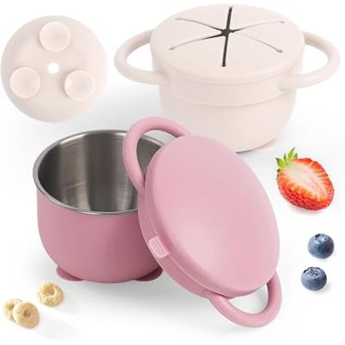 Daximo 2 Pack Toddler Snack Cups with Suction Base — 4-in-1 Detachable Stainless Steel Cups, Snack Cups for Toddlers Spill Proof with Silicone Lids & Handles (Matte Off White and Matte Pink)