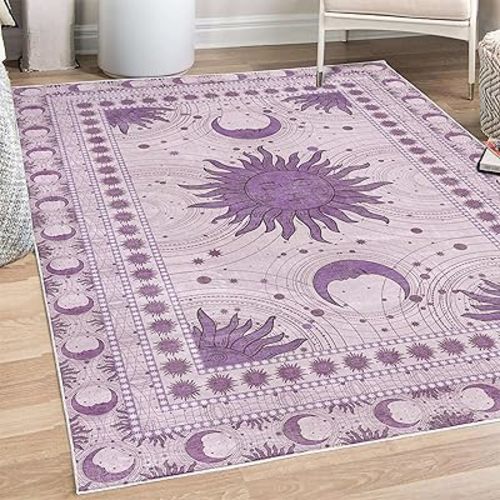 Ambesonne Sun and Moon Decorative Rug, Bohemian Artwork Design of Crescent Solar Ornament Esoteric Stars Ornament, Quality Carpet for Bedroom Dorm and Living Room, 4' X 5' 5", Lilac Lavender