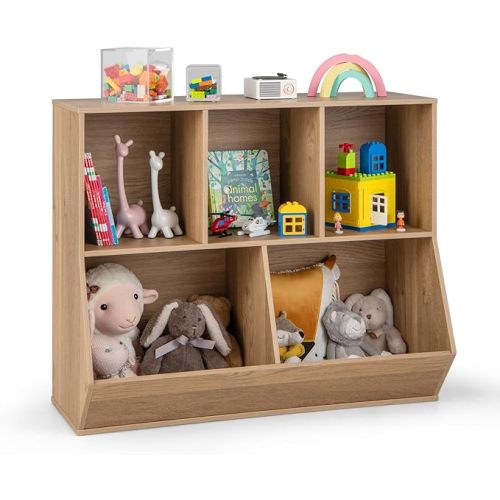 Costzon Toy Organizers and Storage with Bookshelf, Wooden 5 Cubby Children’s Book Shelf Toy Storage Cabinet Bookcase for Kids Room, Playroom, Kindergarten, Nursery (Natural)